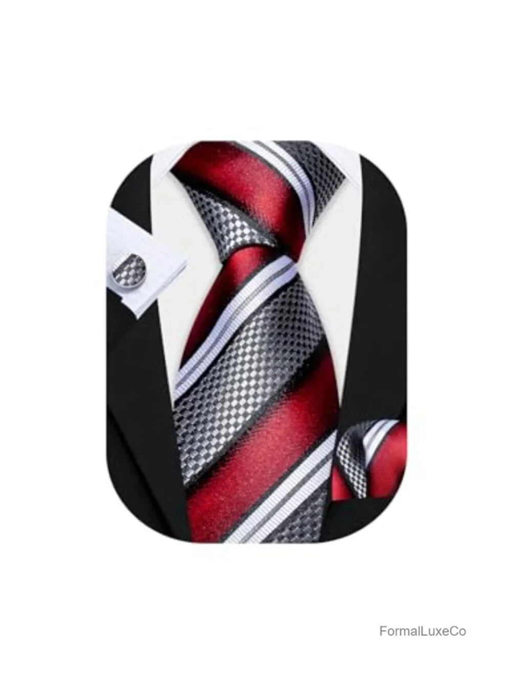 Men's Silk Polyester Tie Set with Pocket Square & Cufflinks, Formal Accessories